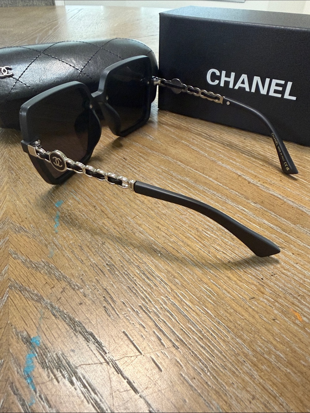 CHANEL Black & Silver Oversized Square Chain-Accent Sunglasses - Picture 7 of 9